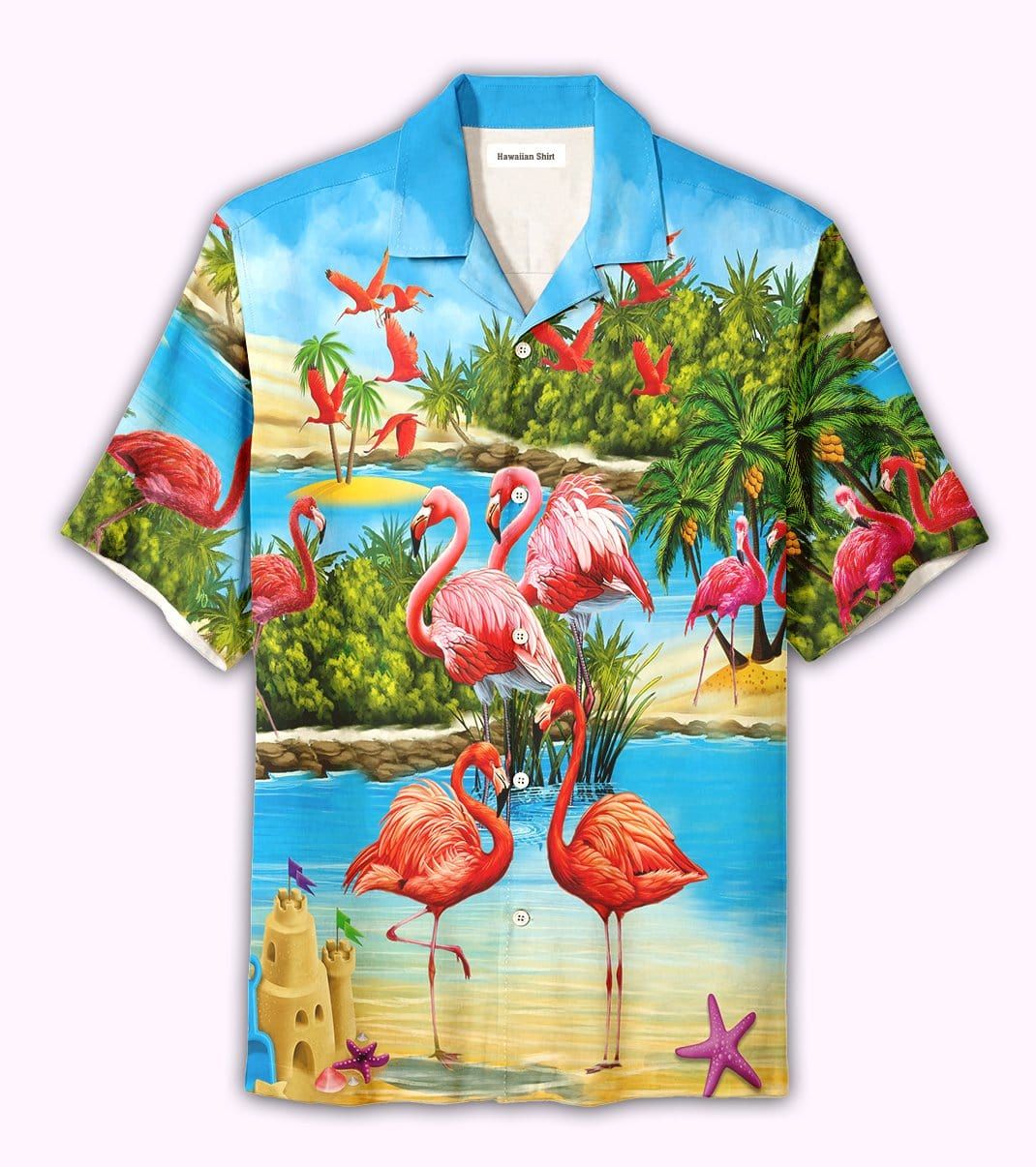 Felacia [Hawaii Shirt] Beautiful Flamingo On the Beach Blue And Pink Unisex Hawaiian Aloha Shirts-ZX2855